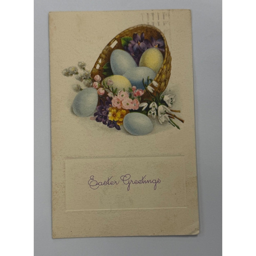 Vintage 1924 Easter Greetings Postcard Basket of Eggs Flowers Pasadena CA Stamp